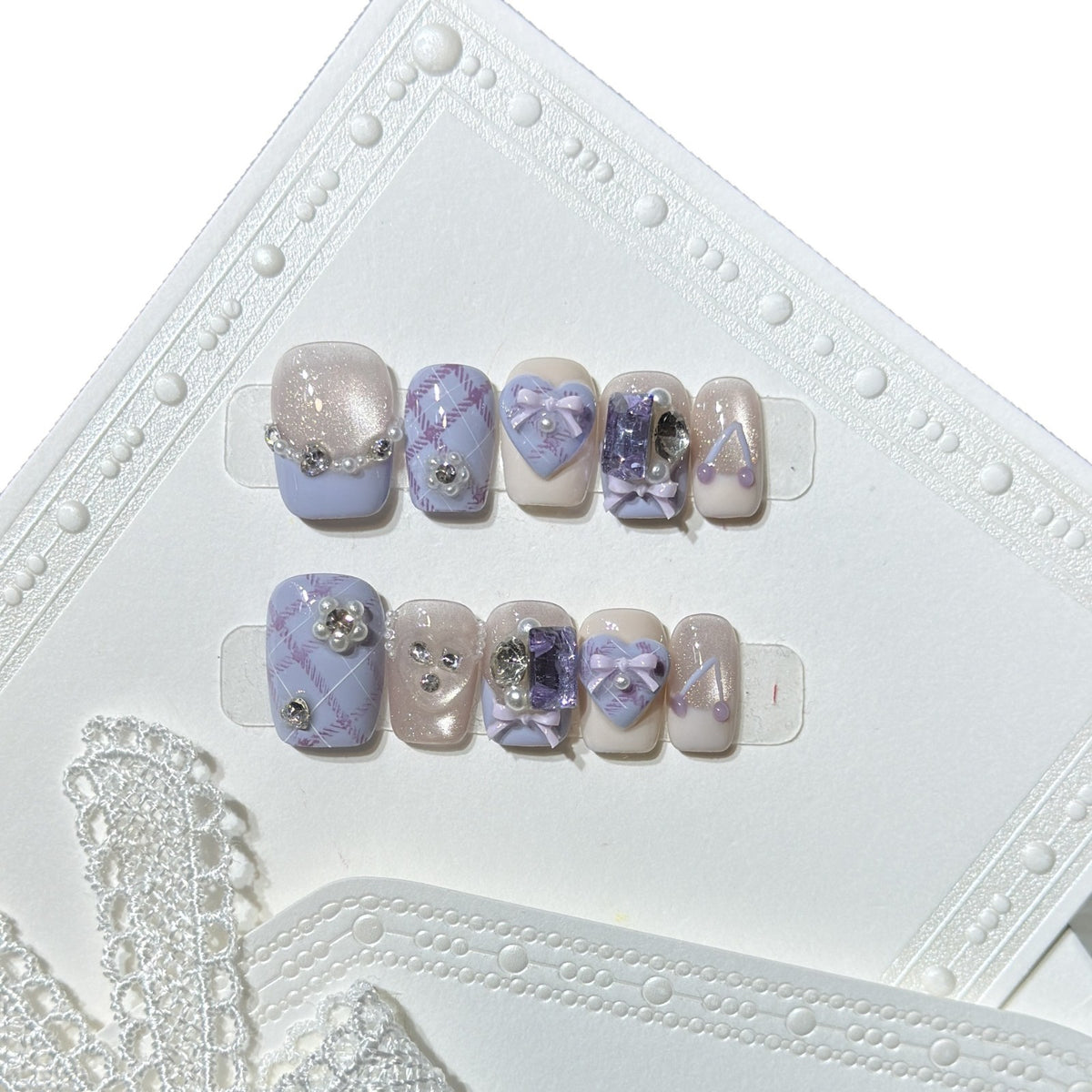Decorative Luxury Press-On Nail Set with Elegant Bow and Gemstone Accents Acalora