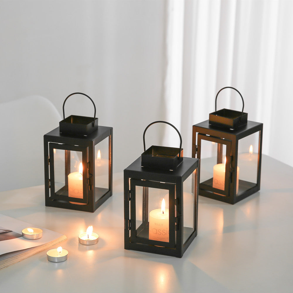 Square Metal and Glass Tealight Lantern with Front Door and Carry Handle Acalora