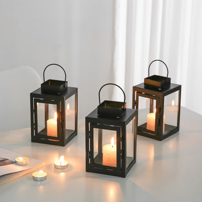 Square Metal and Glass Tealight Lantern with Front Door and Carry Handle Acalora