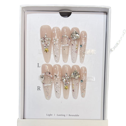 Artistic Press-On Nail Set with Snowflake and Gemstone Designs Acalora