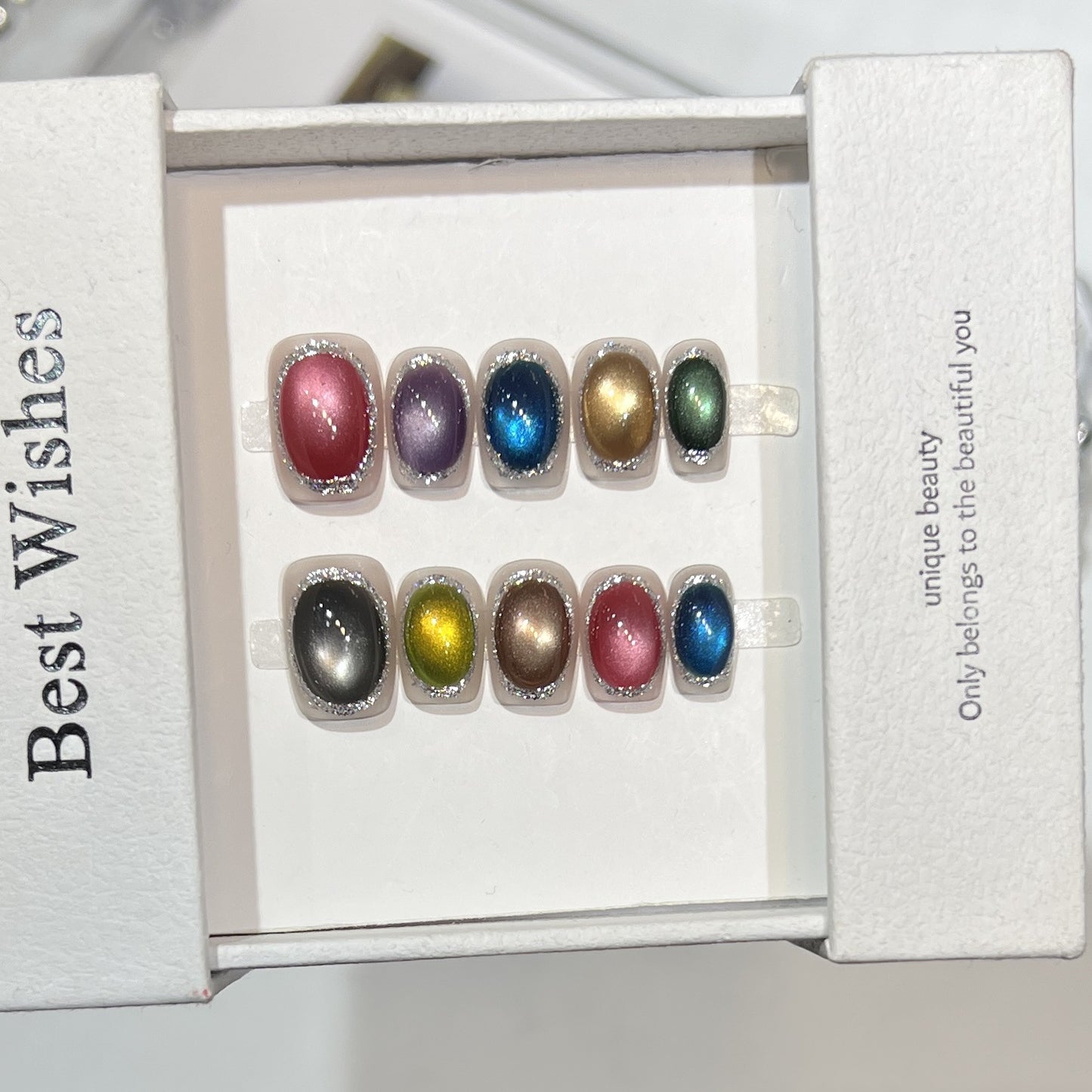 Colorful Metallic Press-On Nail Set with Glittering Accents Acalora