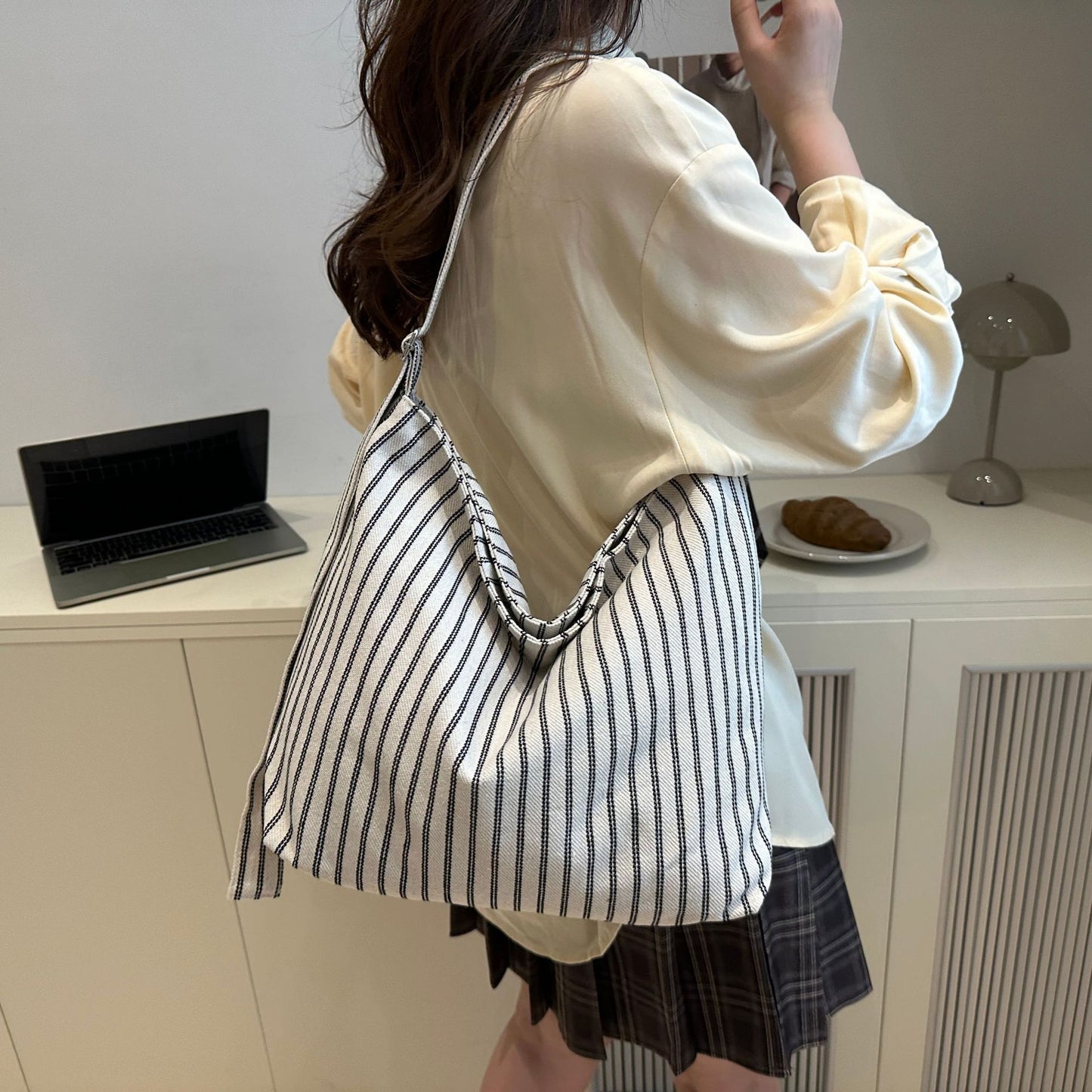 Casual Striped Canvas Tote Bag Acalora