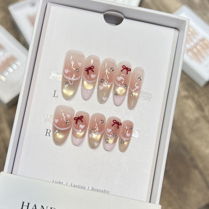 Decorative Press-On Nail Set with Heart and Bow Accents Acalora