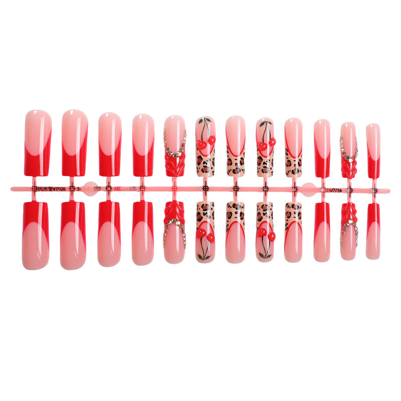 Artistic Press-On Nail Set with Cherry and Animal Prints Acalora