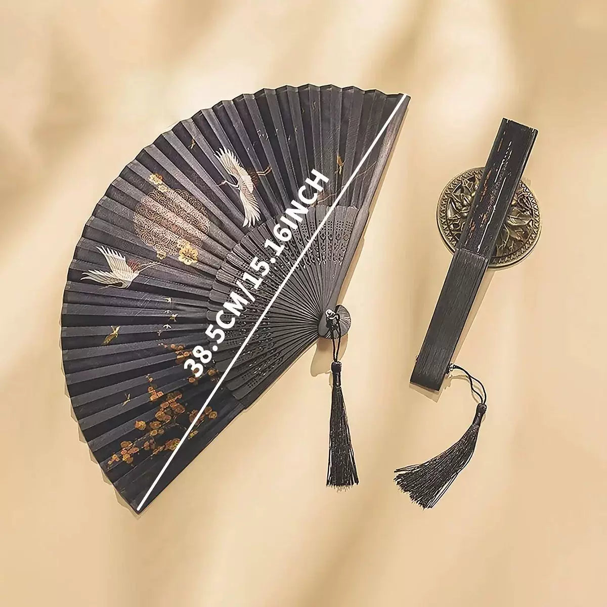 Ladies' one size hand-painted crane and plum blossom fan with carved wooden ribs and silk tassel Brehn
