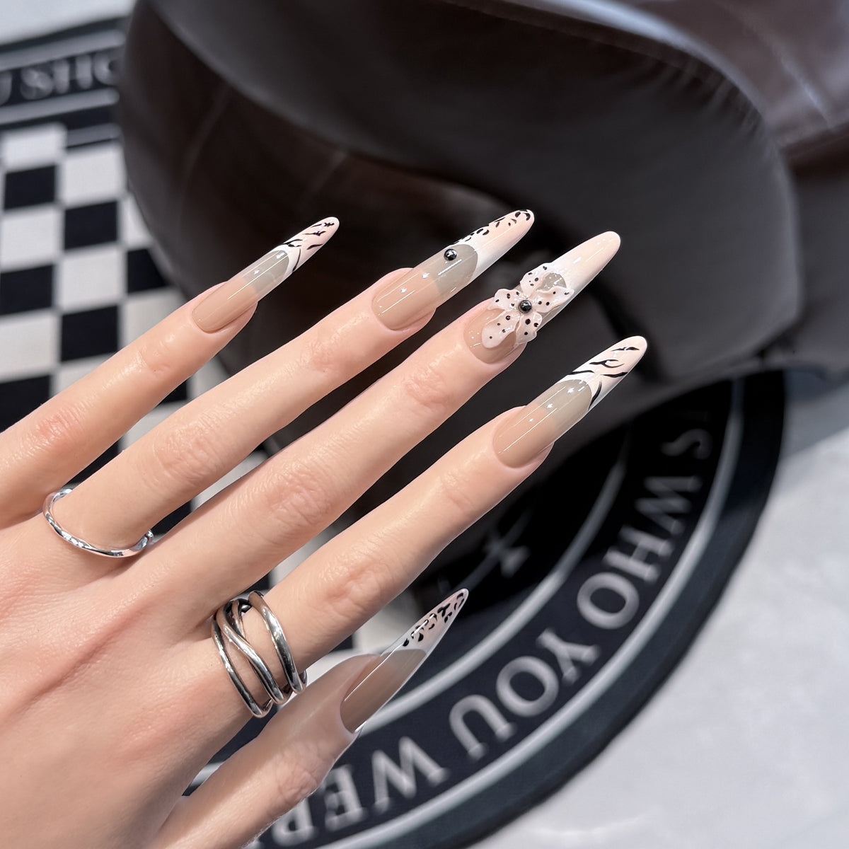 Artistic Stiletto Nail Art Set with Elegant Decorative Elements Acalora