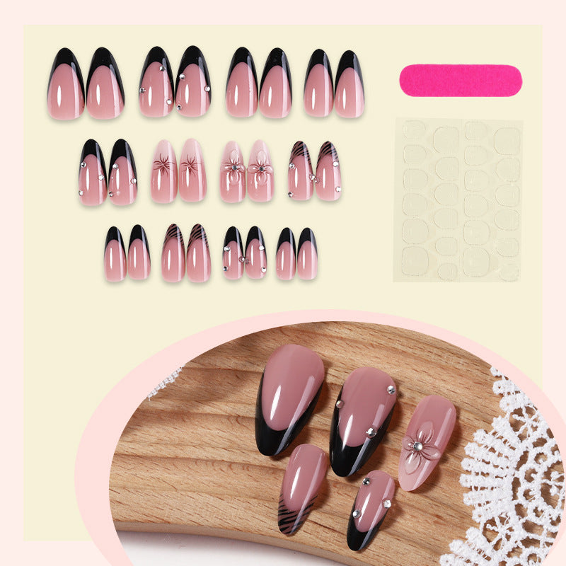 Deluxe Press-On Nail Set with Elegant Black Tips and Embellishments Acalora