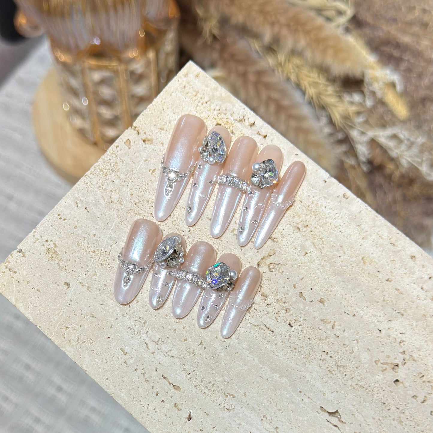 Decorative Stiletto Nail Tips Set with Gemstone Accents Acalora