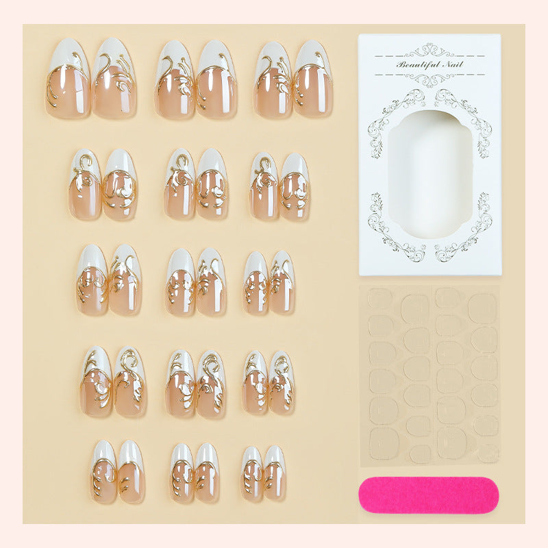 Elegant Press-On Nail Art Set with Decorative Gold Accents Acalora