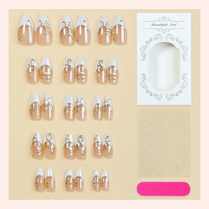 Elegant Press-On Nail Art Set with Decorative Gold Accents Acalora
