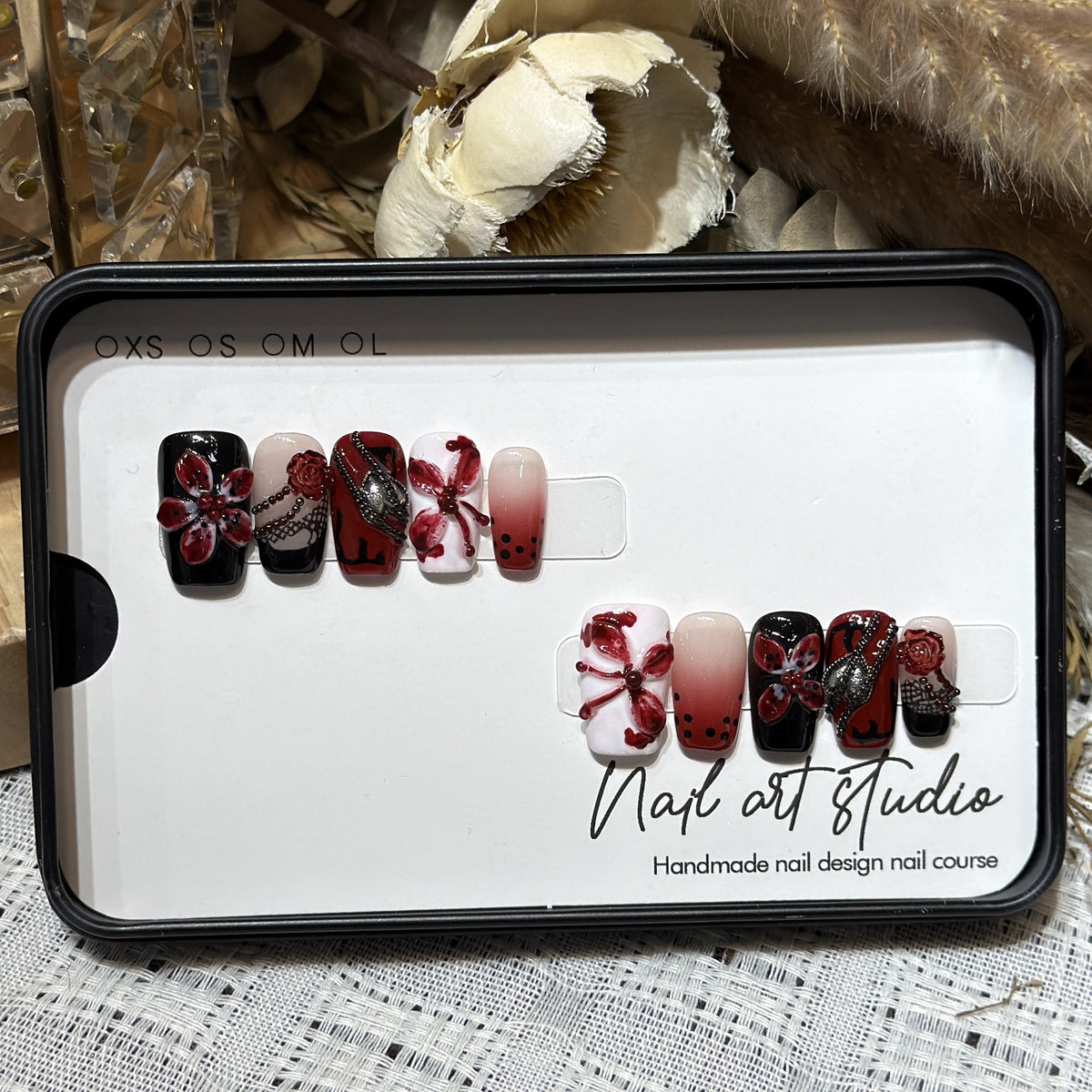 Artistic Nail Decoration Press-On Set with Unique Floral and Gemstone Designs Acalora