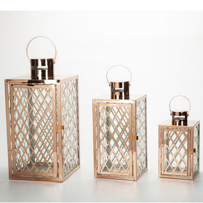 Modern Polished Lattice Metal Lantern Collection with Hinged Door and Top Loop Handle Acalora