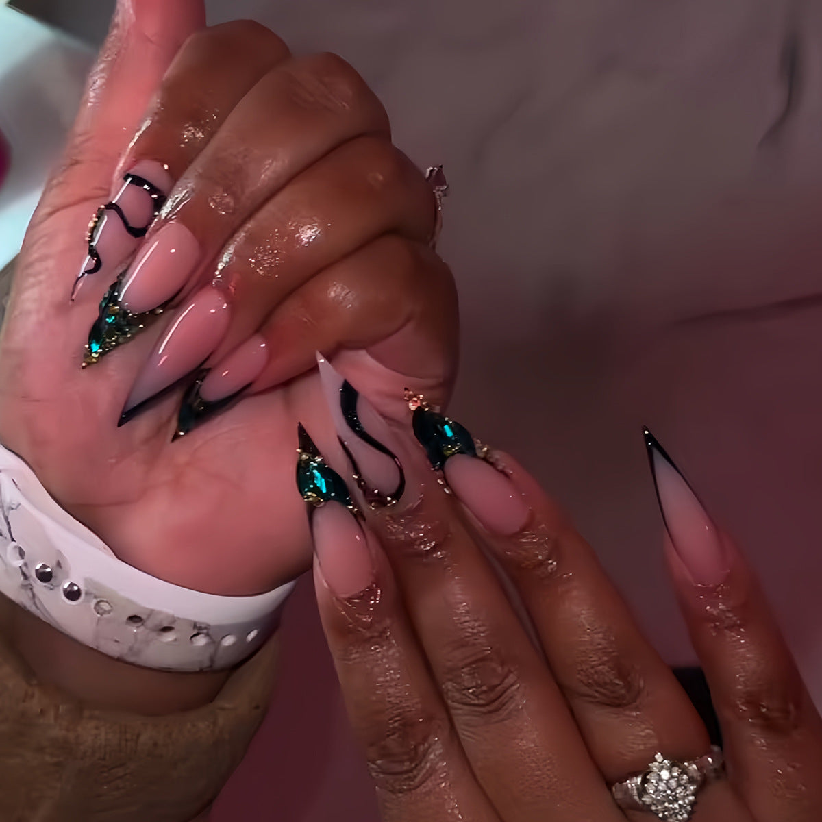 Artistic Stiletto Press-On Nail Art with Gemstone Accents Acalora