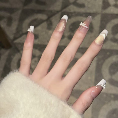 Elegant Reusable Press-On Nail Art Set with Pearl and Glitter Accents Acalora
