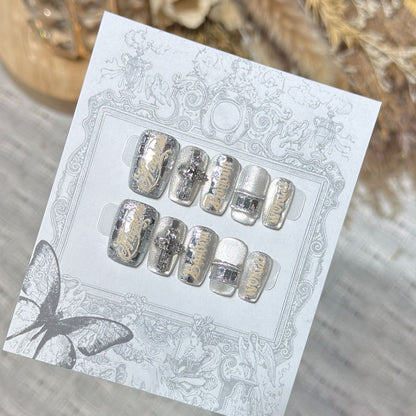 Metallic Press-On Nail Set with Decorative Silver Accents Acalora