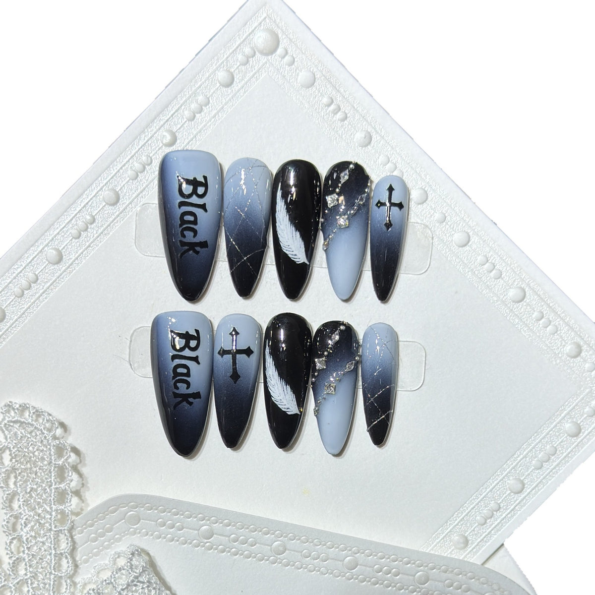 Artistic Press-On Nail Set with Gothic Feather and Cross Design Acalora