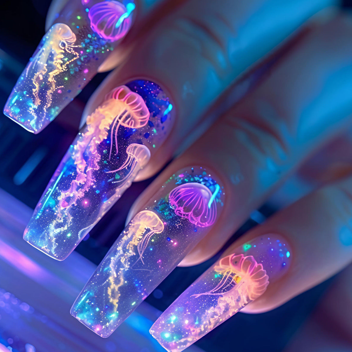 Gel Nail Art Design with Luminescent Jellyfish Acalora