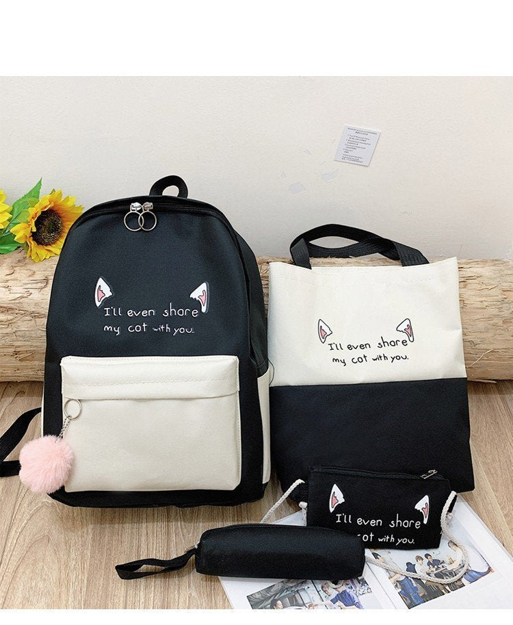Fun-Themed Cat Print Backpack Set Acalora