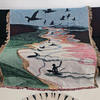 Artistic Surfing Scene Tapestry Throw Blanket