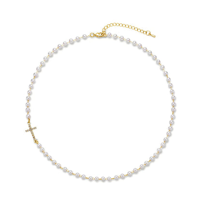 BowLift | Dainty Faux Pearl Cross Station Choker Necklace