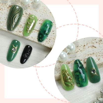 Artistic Press-On Nail Art Set with Emerald and Gold Designs Acalora