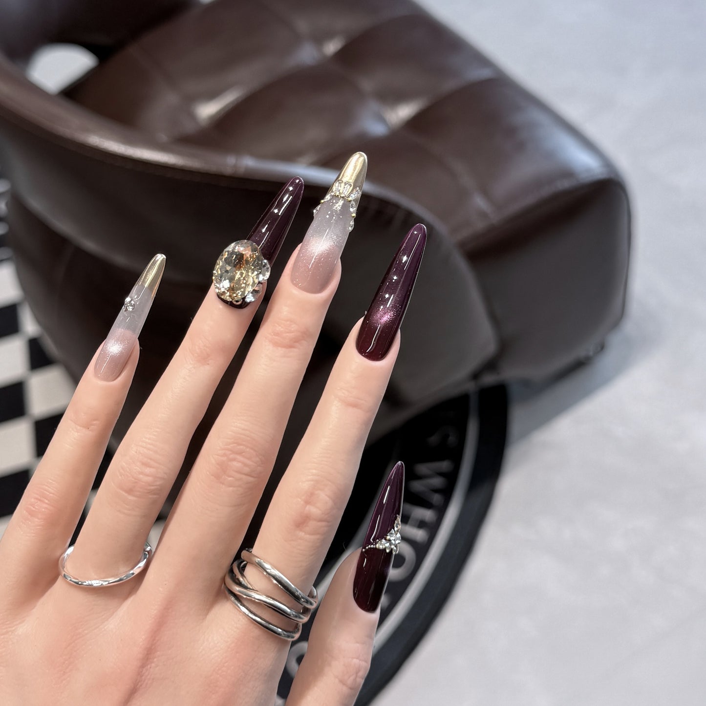 Elegant Stiletto Press-On Nail Set with Decorative Jewel Accents Acalora