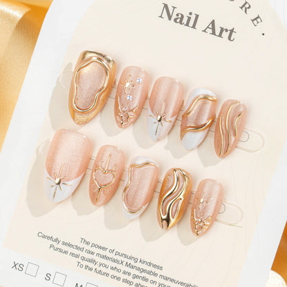 Artistic Press-On Nail Set with Elegant Gold Accents Acalora