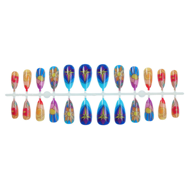 Artistic Press-On Nail Art Set with Floral and Geometric Patterns Acalora