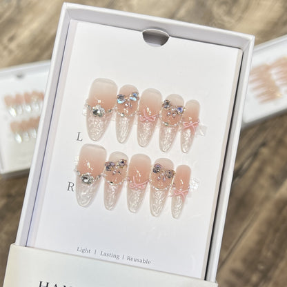 Decorative Stiletto Press-On Nail Set with Bow and Gem Accents Acalora