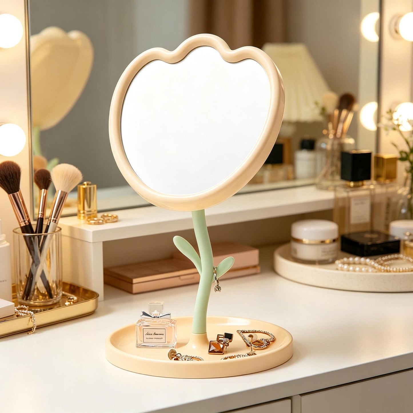 Floral-Themed Tabletop Vanity Mirror