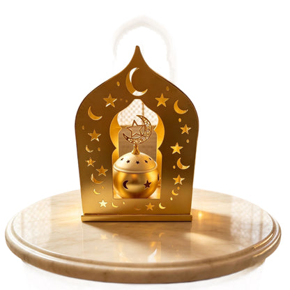 Ornate Metal Crescent-Star Tabletop Lantern with Rotating Incense Burner Acalora