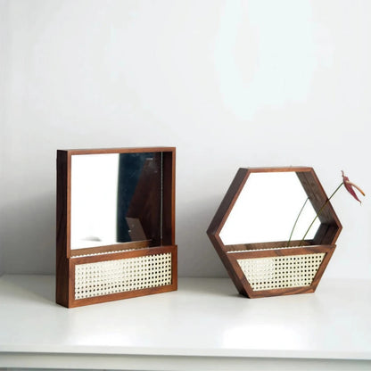 Rustic wall mirror with natural rattan frame Acalora