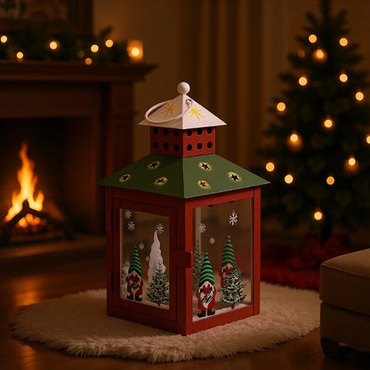 Decorative Holiday Gnome Lantern with Star-Cut Roof and Glass Panel Candle Holder Acalora