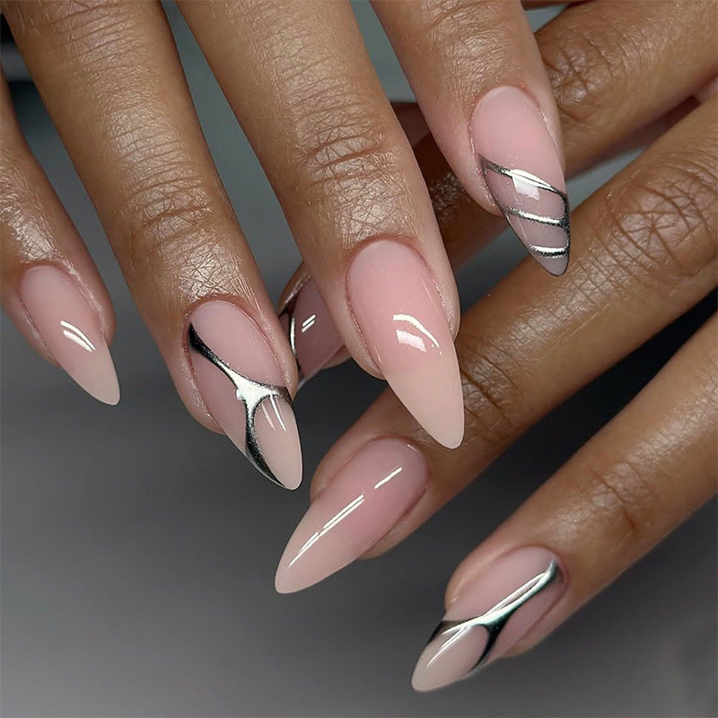 Elegant Press-On Nail Set with Artistic Silver Accents Acalora