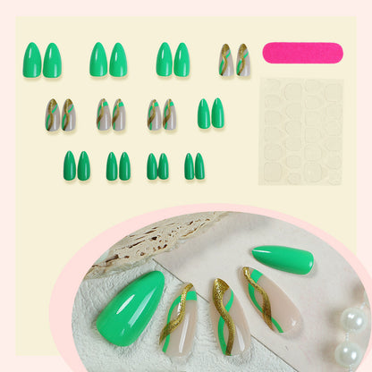 Artistic Press-On Nail Set with Eye-Catching Green Patterns Acalora