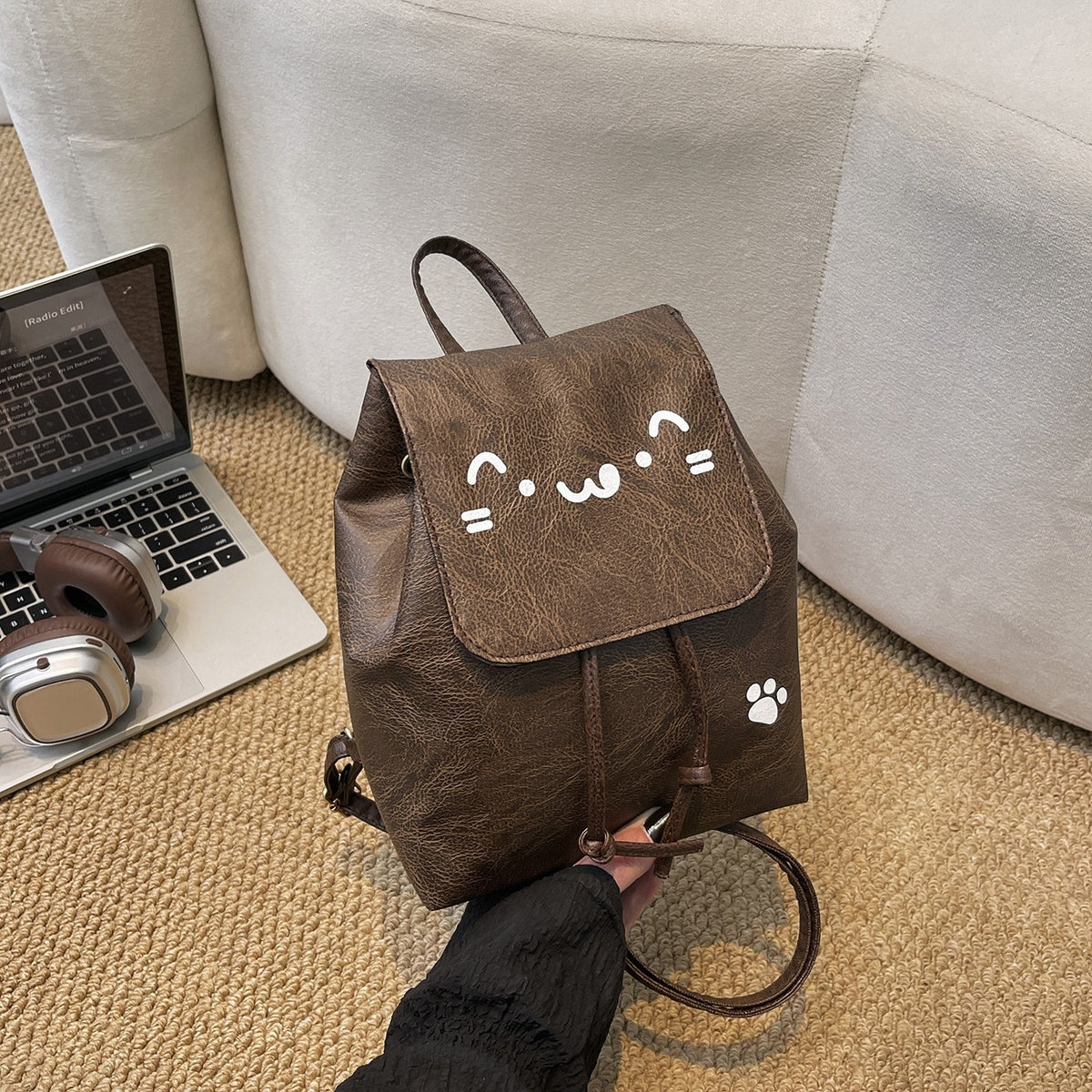 Cute Cat-Themed Faux Leather Backpack Acalora