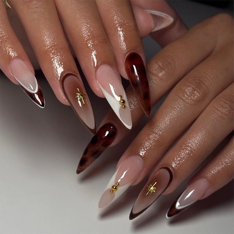 Artistic Press-On Nail Set with Unique Tortoiseshell and Subtle Floral Designs Acalora