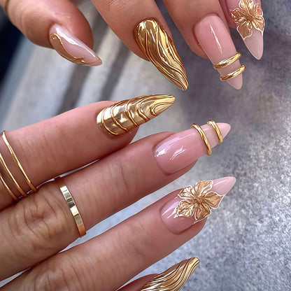 Elegant Metallic Floral Accent Press-On Nails Acalora