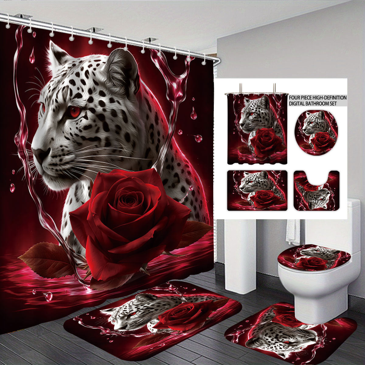 Artistic High-Definition Leopard and Rose-Themed Bathroom Décor Set