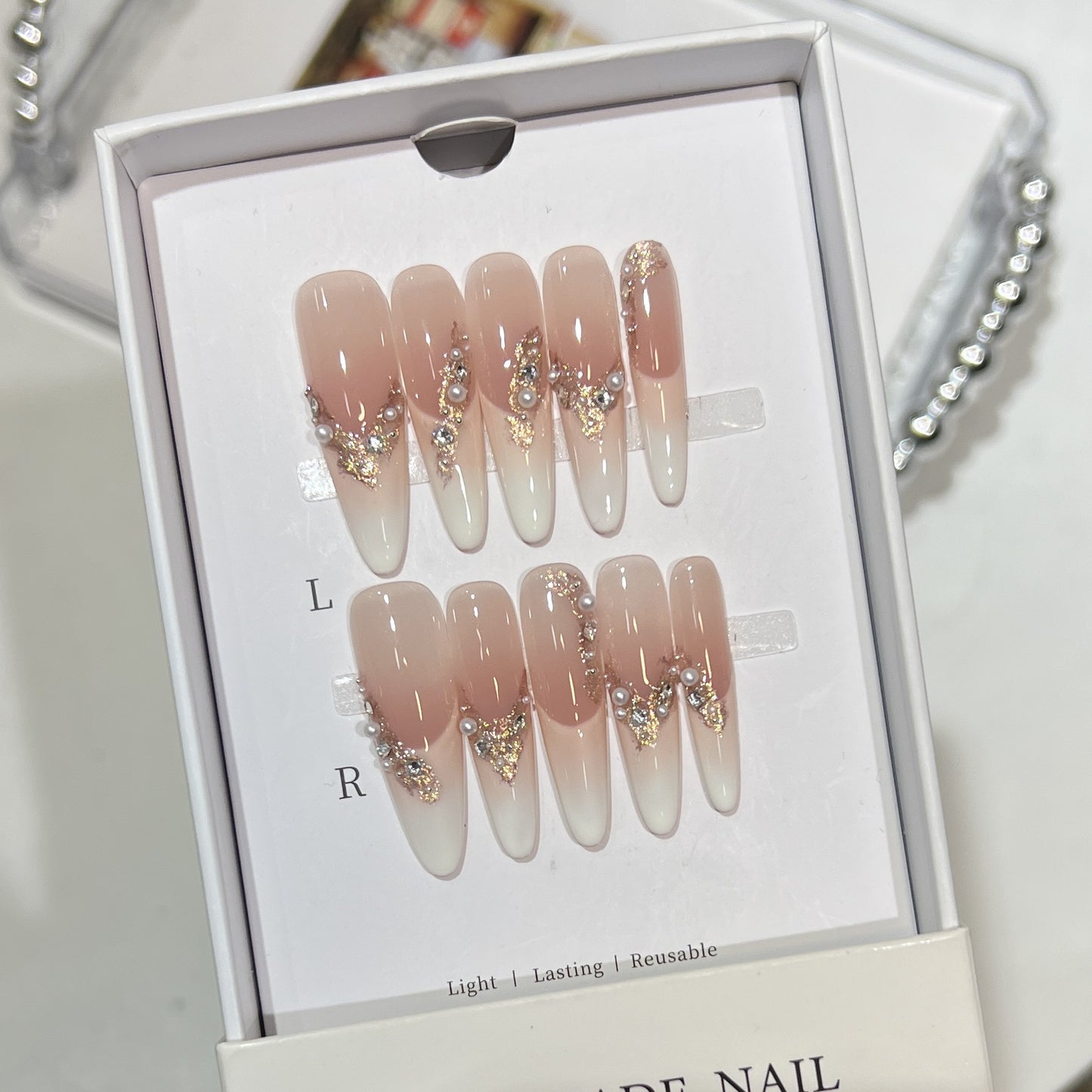 Elegant Stiletto Press-On Nail Art Set with Crystal and Pearl Accents Acalora