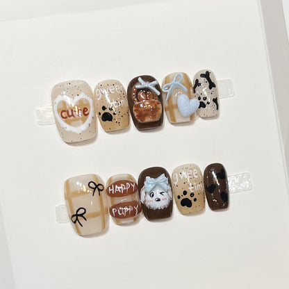 Playful Cartoon Dog-Themed Press-On Nail Art Set Acalora