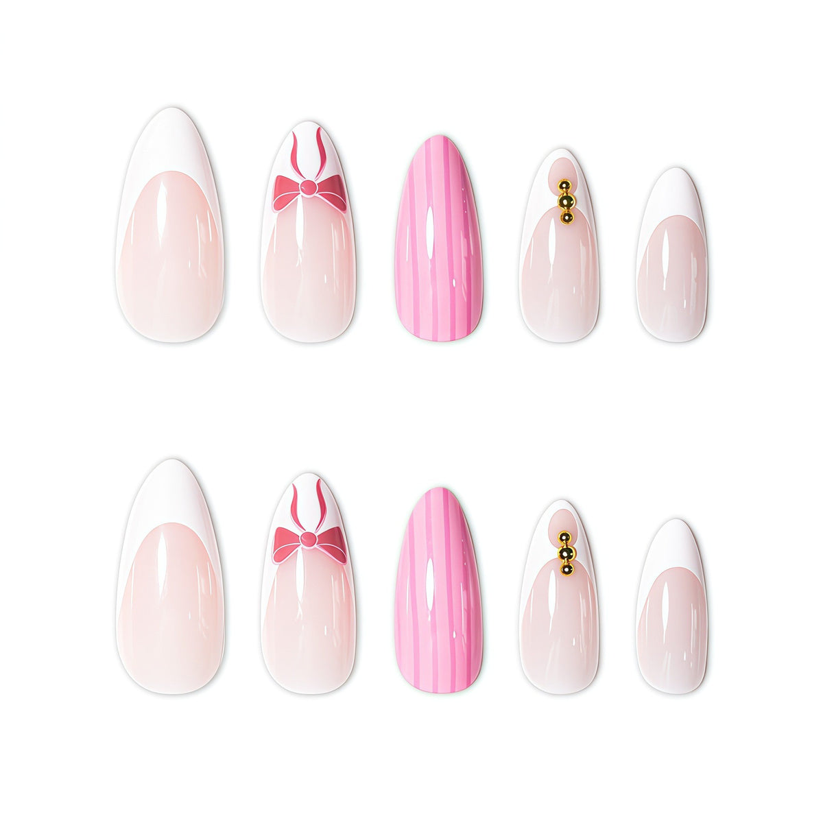 Artistic French Tip Press-On Nails with Bow Accents Acalora