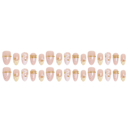 Artificial nail set with enchanting floral details and luxurious gold accents Acalora