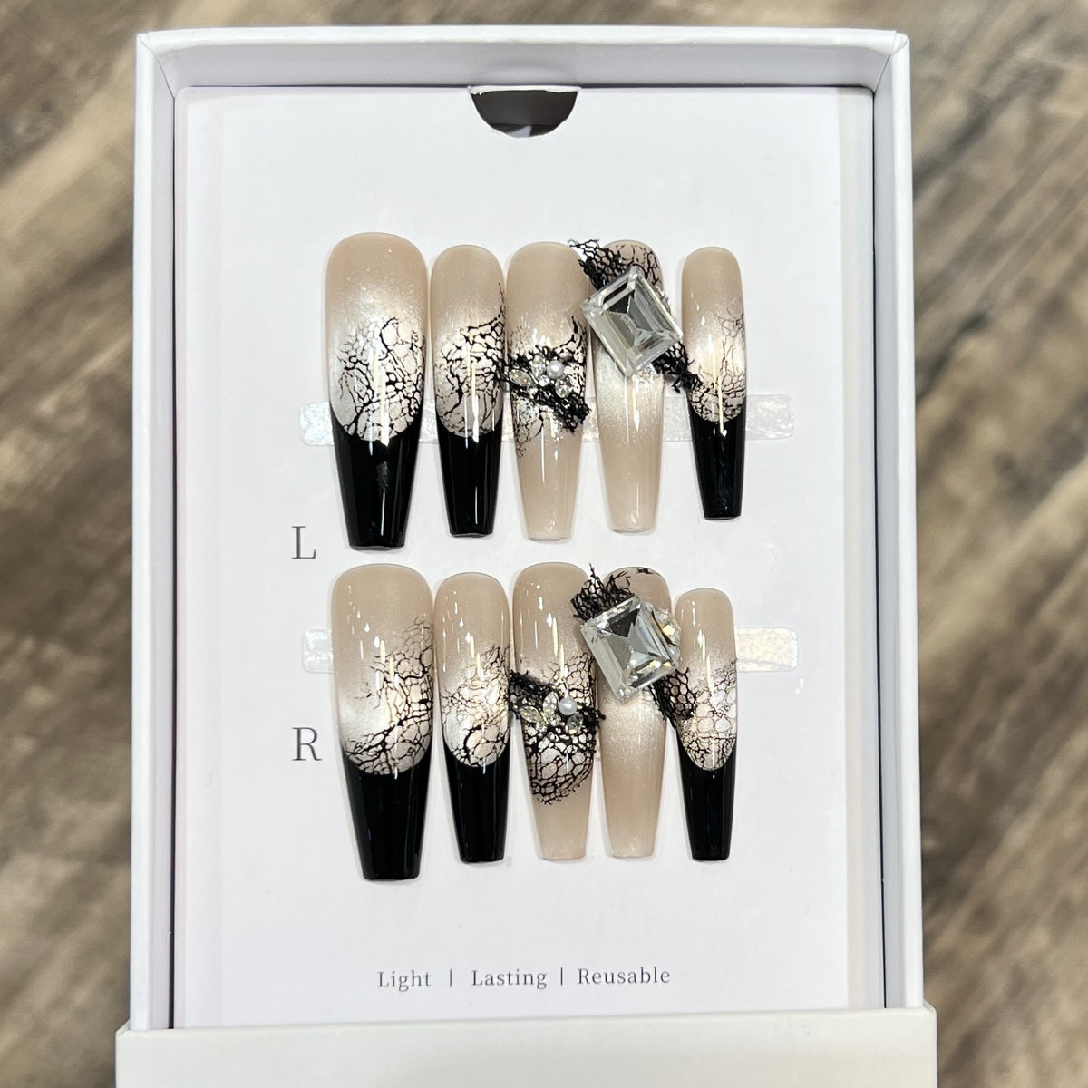 Artistic Press-On Nail Set with Unique Lace and Gemstone Accents Acalora