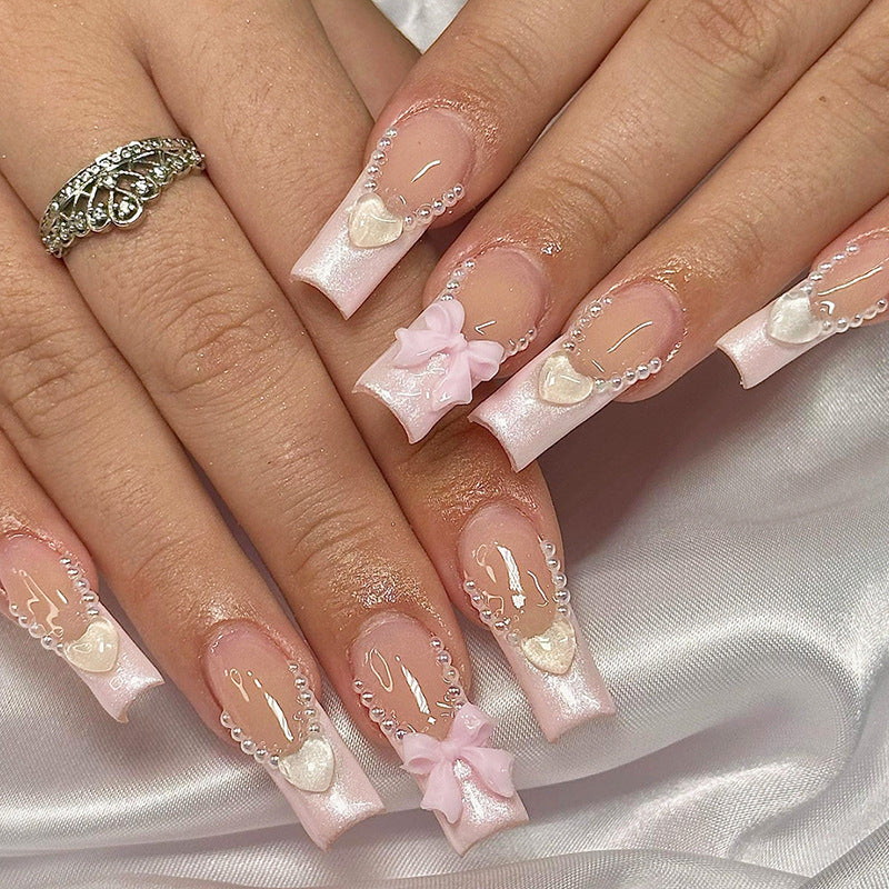 Decorative Press-On Nail Art Set with Pearls and Bows Acalora