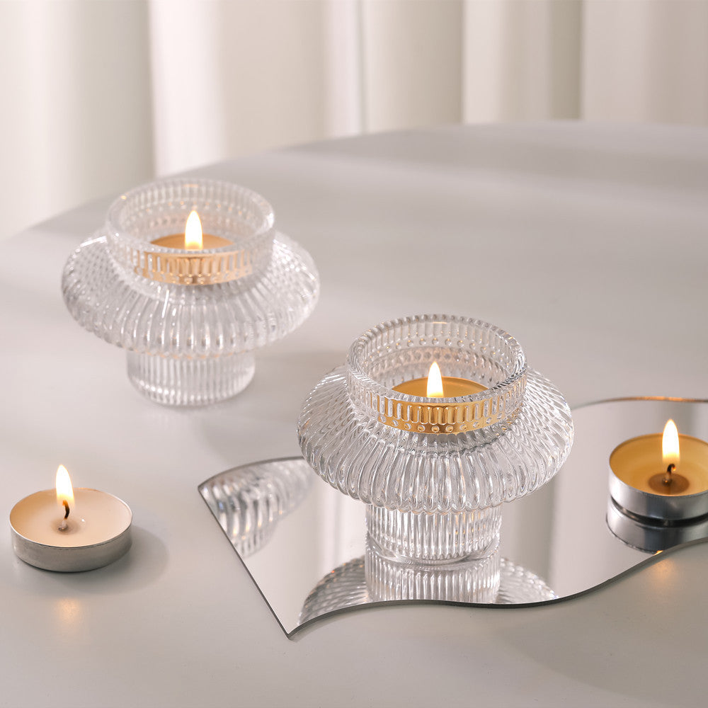 Ribbed Textured Glass Tealight Candle Holder with Flared Collar Acalora