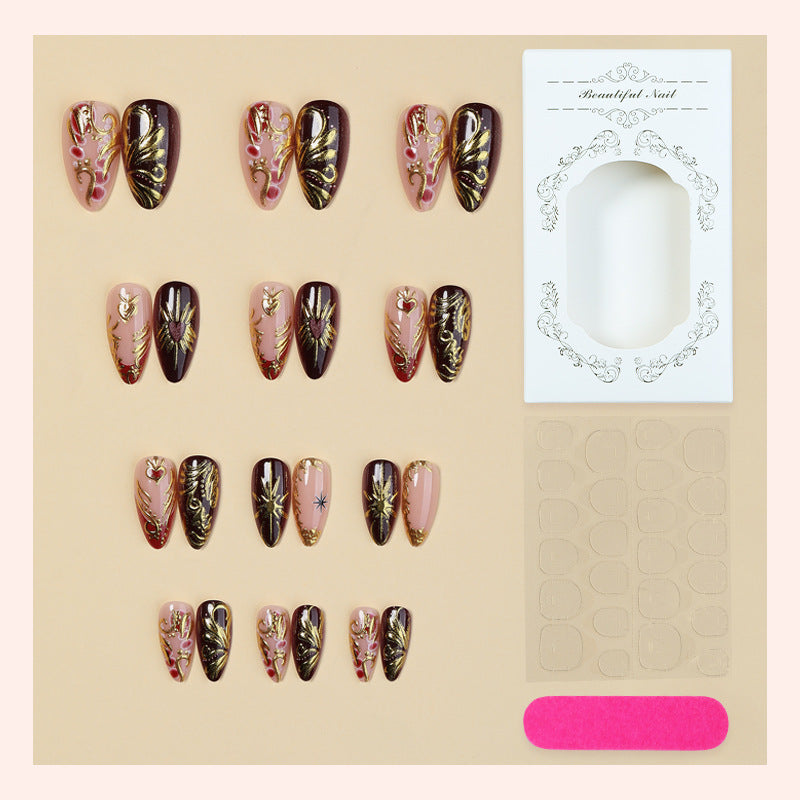 Decorative Press-On Nail Art Set with Intricate Gold Floral Design Acalora