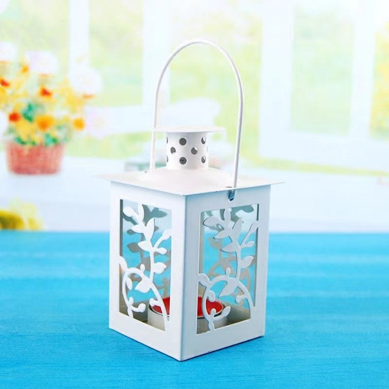 Decorative Metal Tealight Lantern Set with Filigree Leaf Cutouts and Carry Handle Acalora