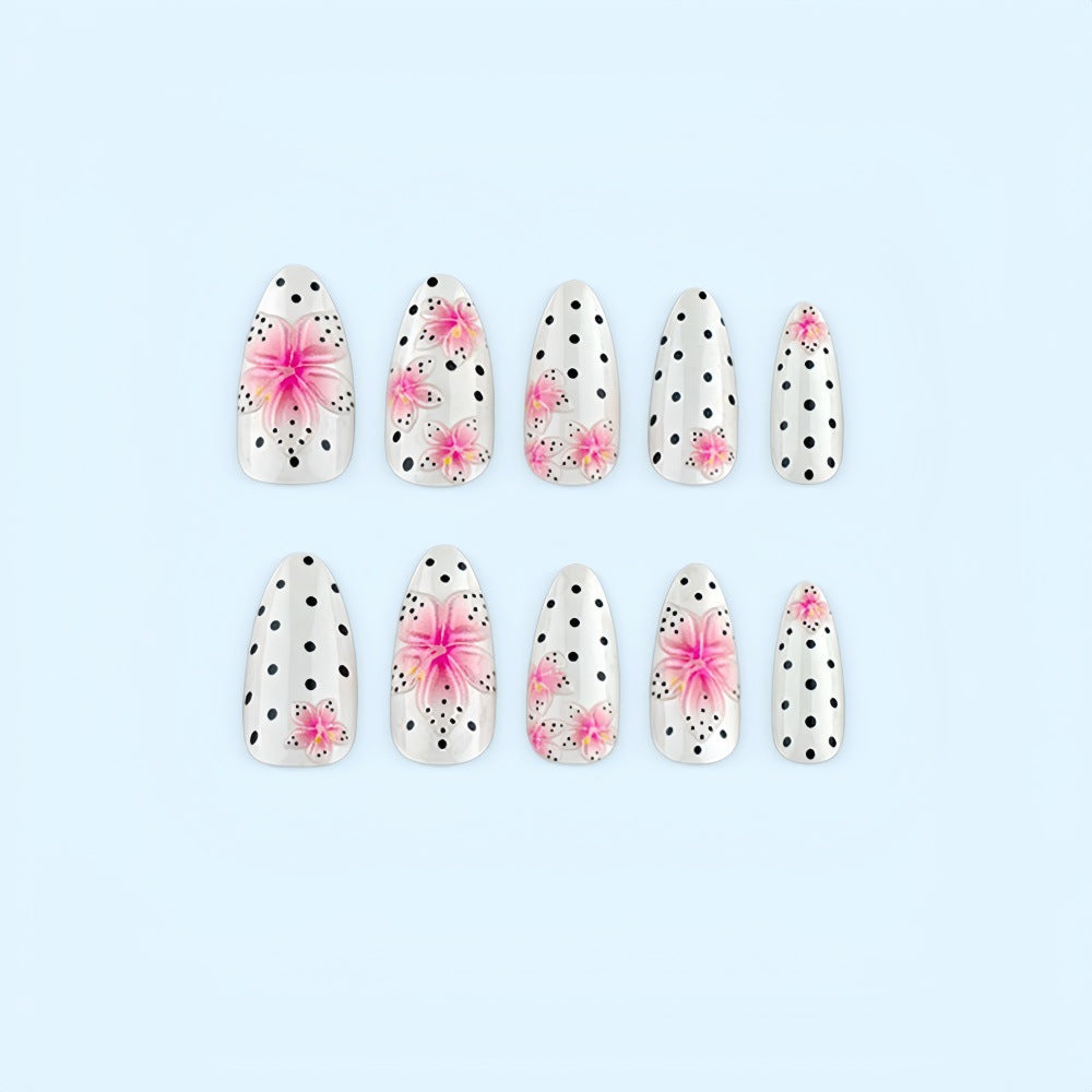 Artificial nail set with floral accents and polka dots Acalora
