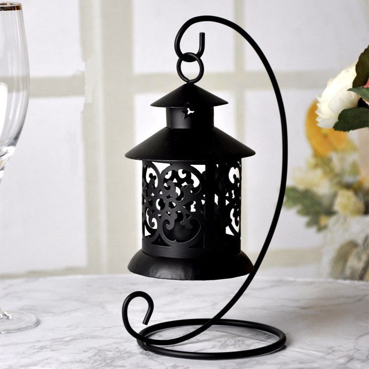 Decorative Filigree Hanging Tealight Lantern with Curved Metal Stand Set Acalora